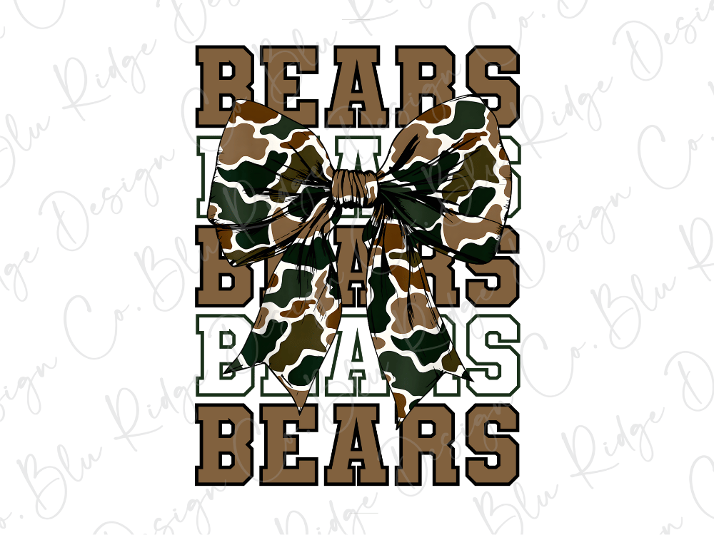A graphic design featuring a camouflage bow and the word "BEARS" written in a stylized font.