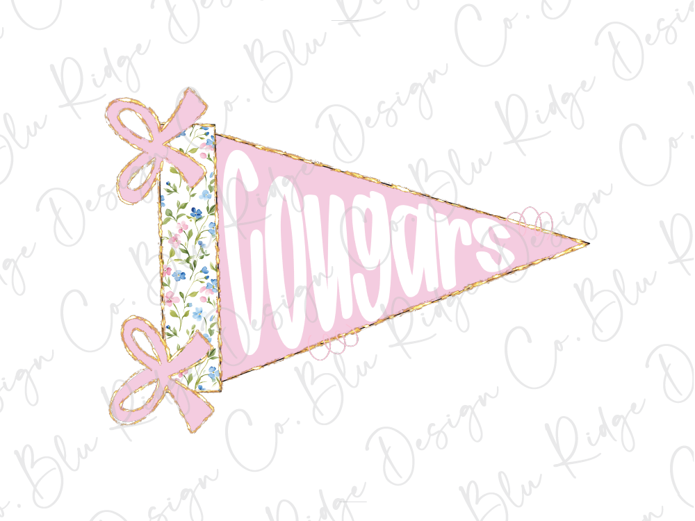 A pink triangular flag with the word "COUGARS" written on it, along with two pink bows.