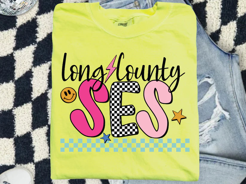 Checkered Retro Long County Schools Graphic T-Shirt