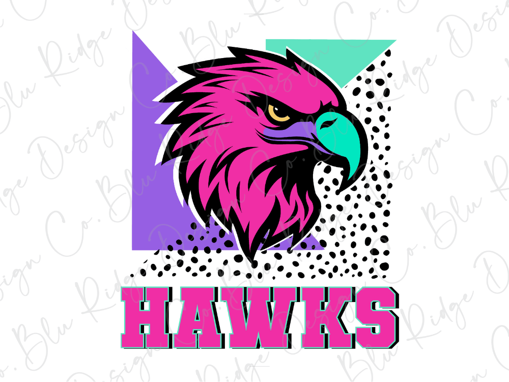 A stylized graphic of a pink eagle head with a teal beak, surrounded by geometric shapes in various colors including purple, green, and white. The word "HAWKS" is prominently displayed below the eagle head.