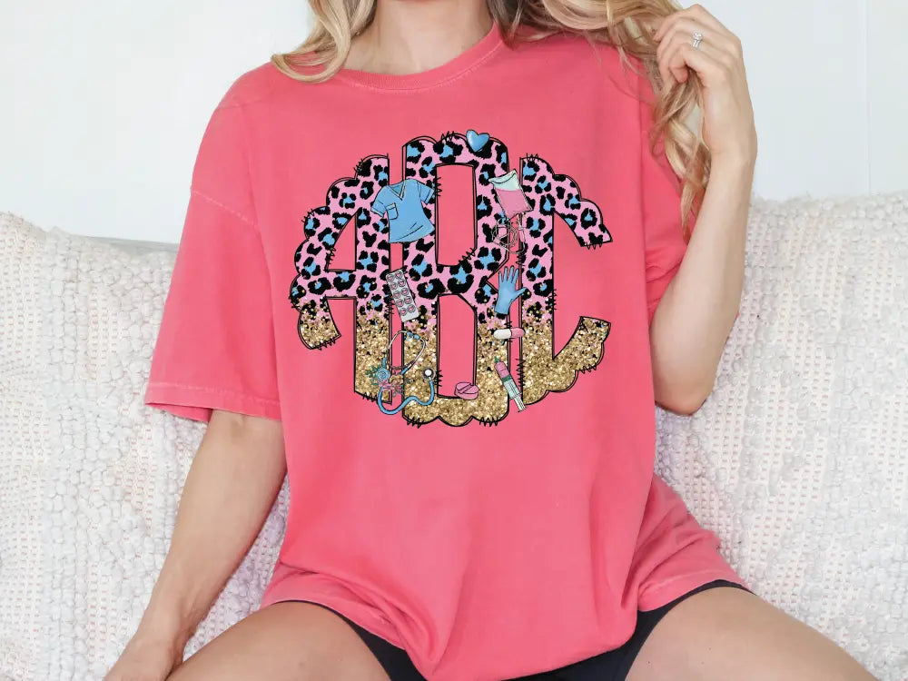 a woman sitting on a couch wearing a pink shirt