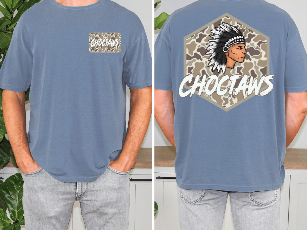 a man wearing a blue t-shirt with a graphic design on the back. The design features a Native American headdress and the word "CHOCTAWS" written below it.