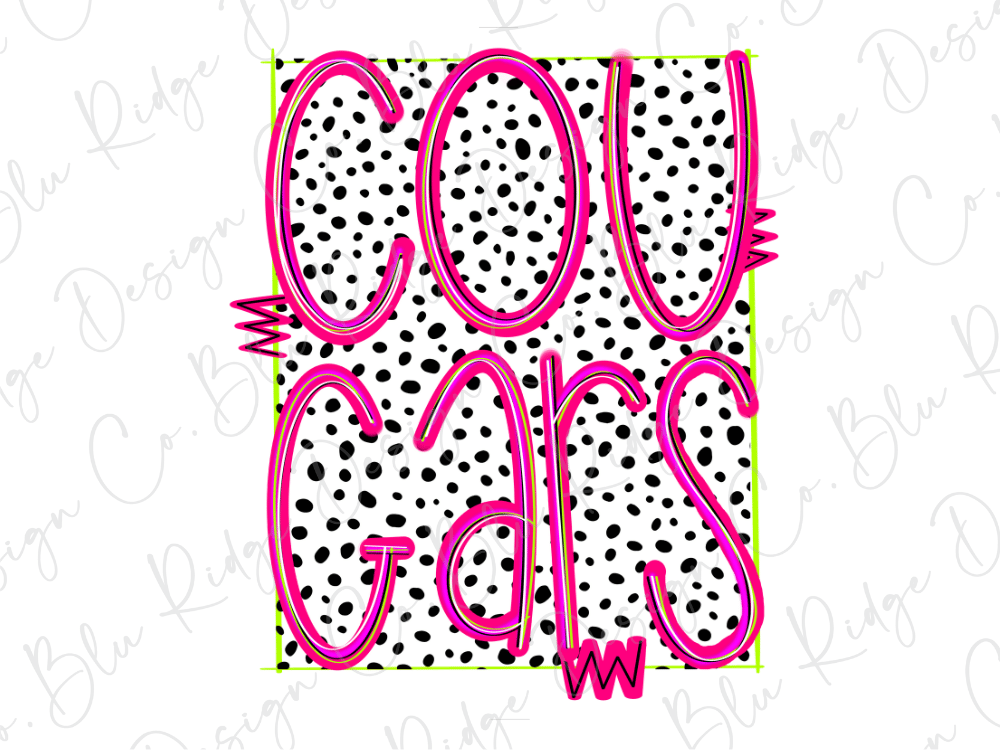 the word "COUGARS" in a bold, pink font against a background of black and white polka dots.