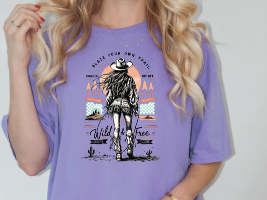a woman wearing a purple shirt with a skeleton on it