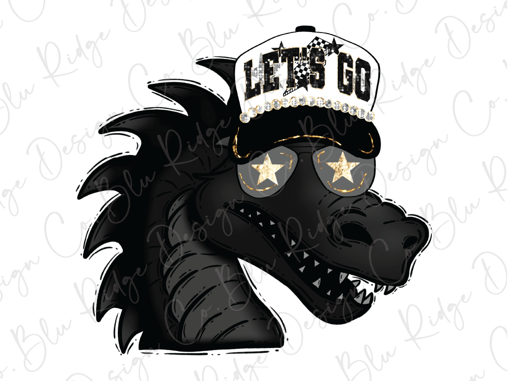 A stylized illustration of a dragon head wearing a hat with the text "LET'S GO" and sunglasses.