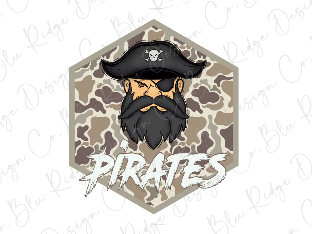 A pirate-themed logo with a pirate hat, beard, and mustache, along with the word "PIRATES" written below.