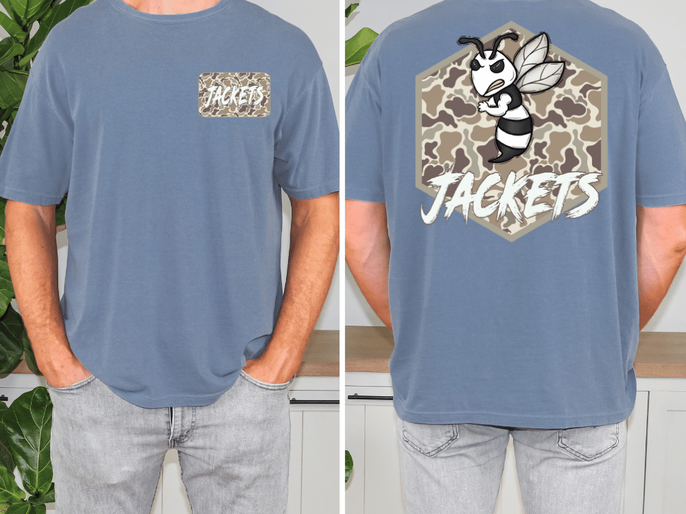 a man wearing a blue t-shirt with a graphic design on the back. The design features a cartoon bee and the word "JACKETS" written on it.