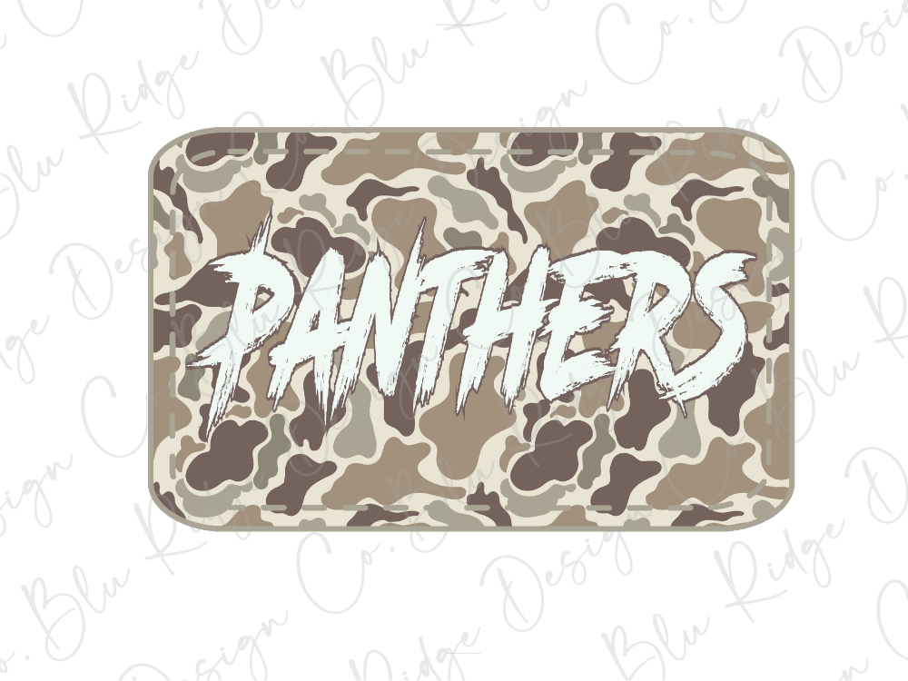 A camouflage-patterned sticker or decal with the word "Panthers" written on it in a stylized, graffiti-like font.
