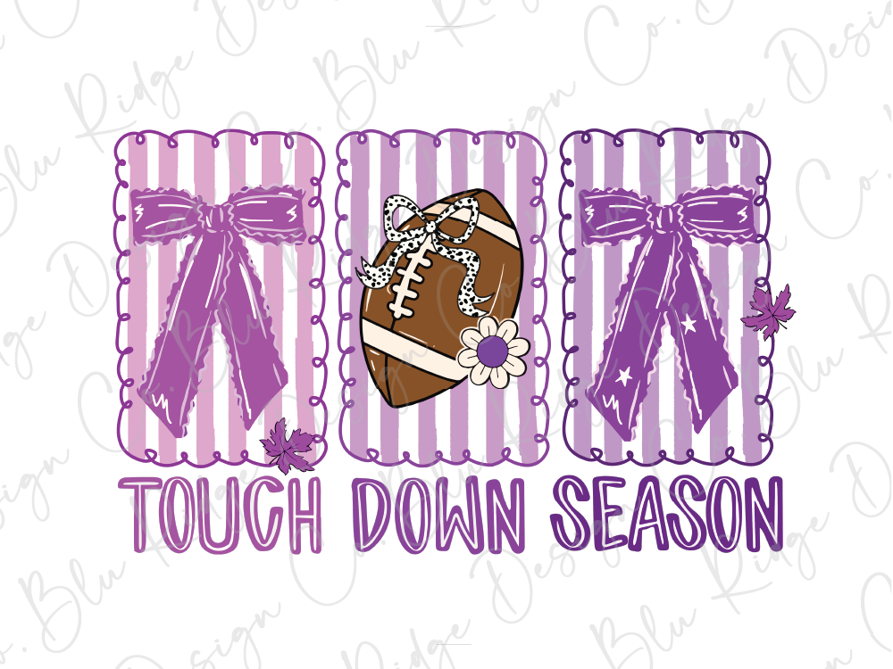 The image is a collage of three purple and white striped frames, each containing a football, a bow, and a flower. The text "TOUGH DOWN SEASON" is written below the frames.