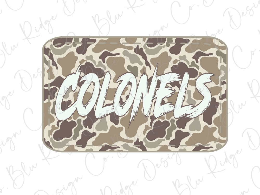 A rectangular object with a camouflage pattern and the word "COLONELS" written in a bold, white font.