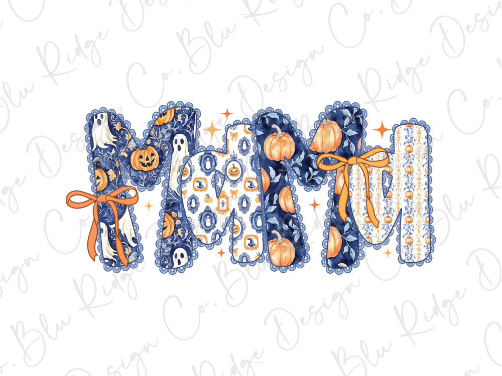 The image is a collage of various Halloween-themed elements, including the word "MOM" made up of different shapes and patterns, such as pumpkins, bats, and ghostly figures.