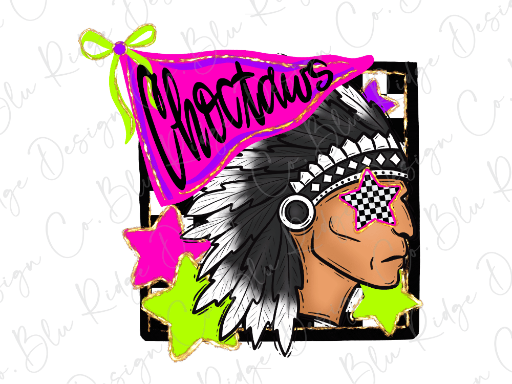 a stylized illustration of a Native American headdress with a checkered star on the forehead, surrounded by colorful shapes and text.
