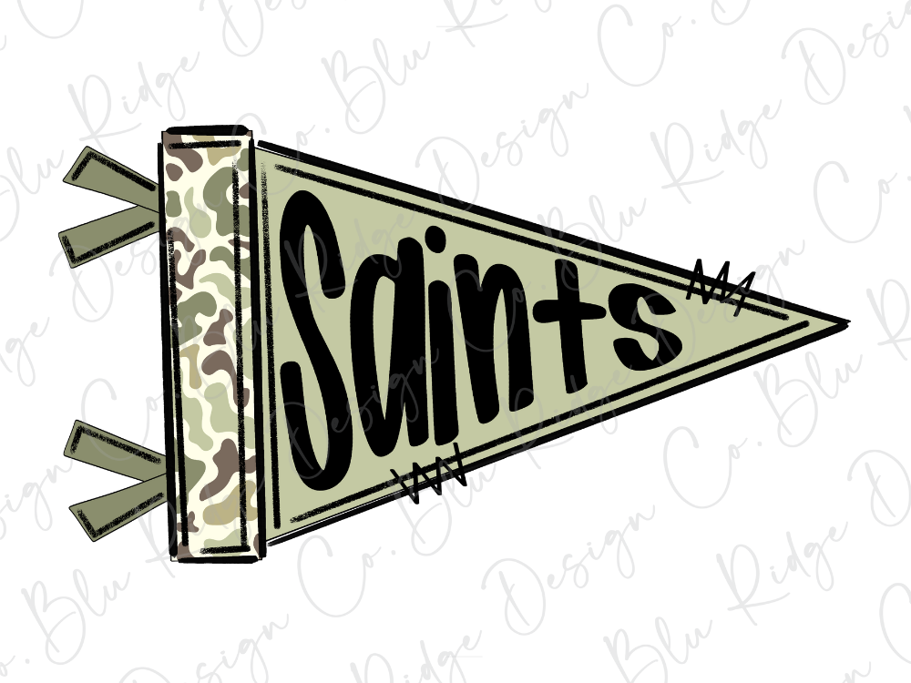A flag with the word "Saints" written on it in a stylized font.