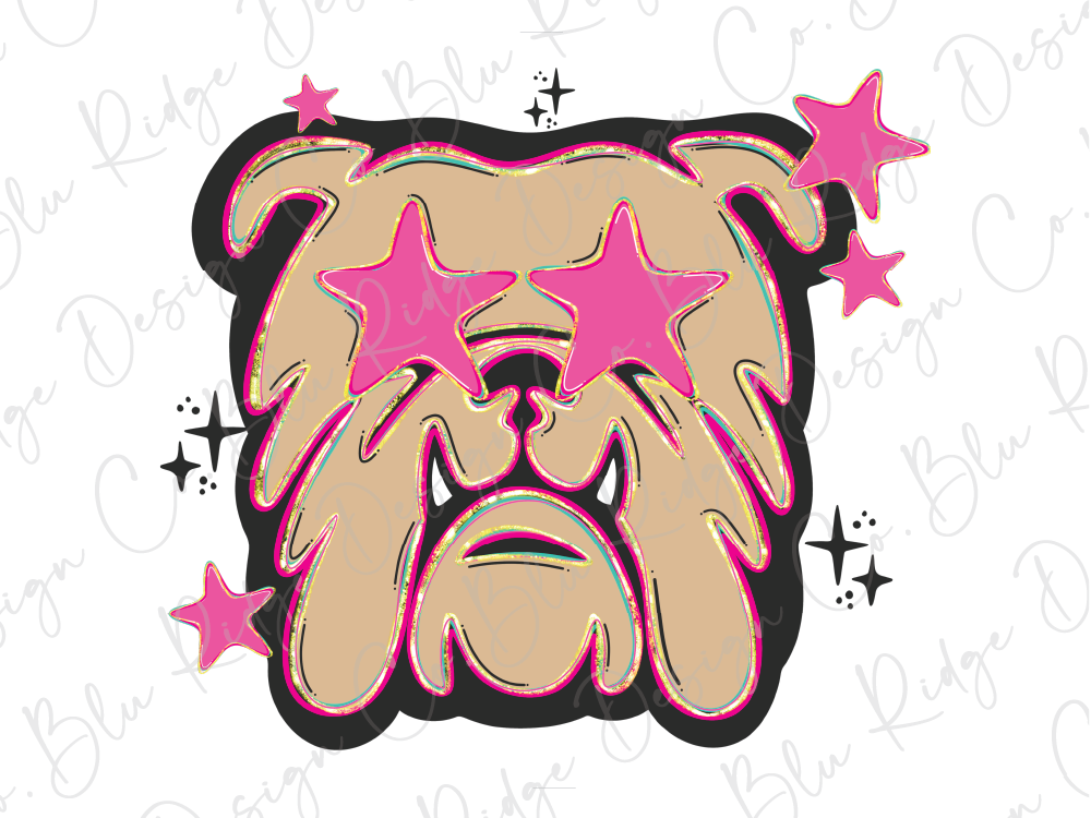 A stylized illustration of a bulldog with large pink star-shaped eyes, surrounded by smaller pink stars.