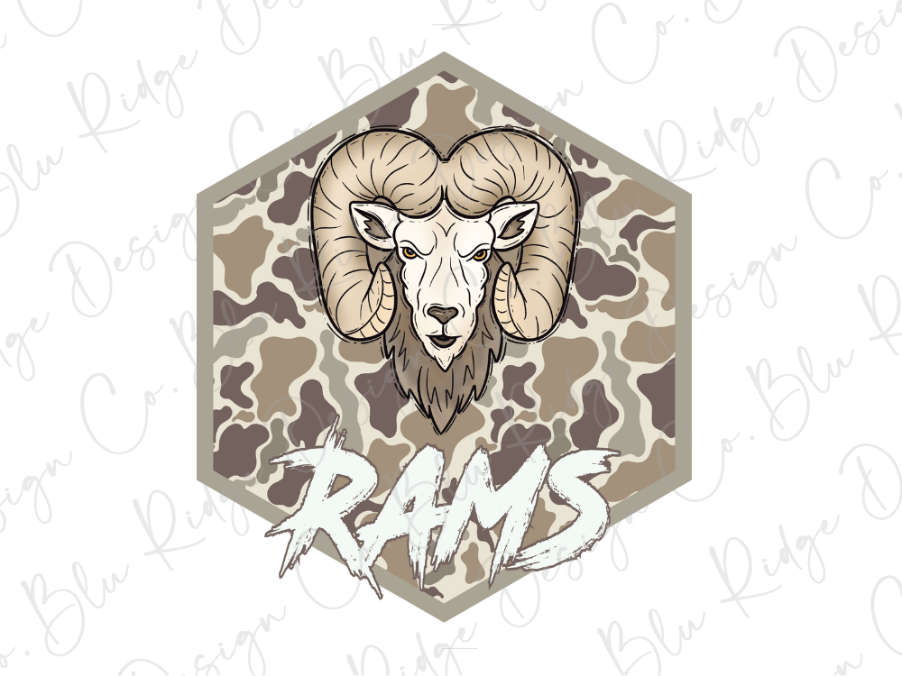 a stylized illustration of a ram's head, with the word "RAMS" prominently displayed below it.