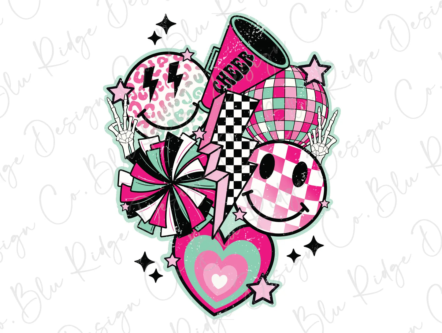 a pink and black heart surrounded by other items