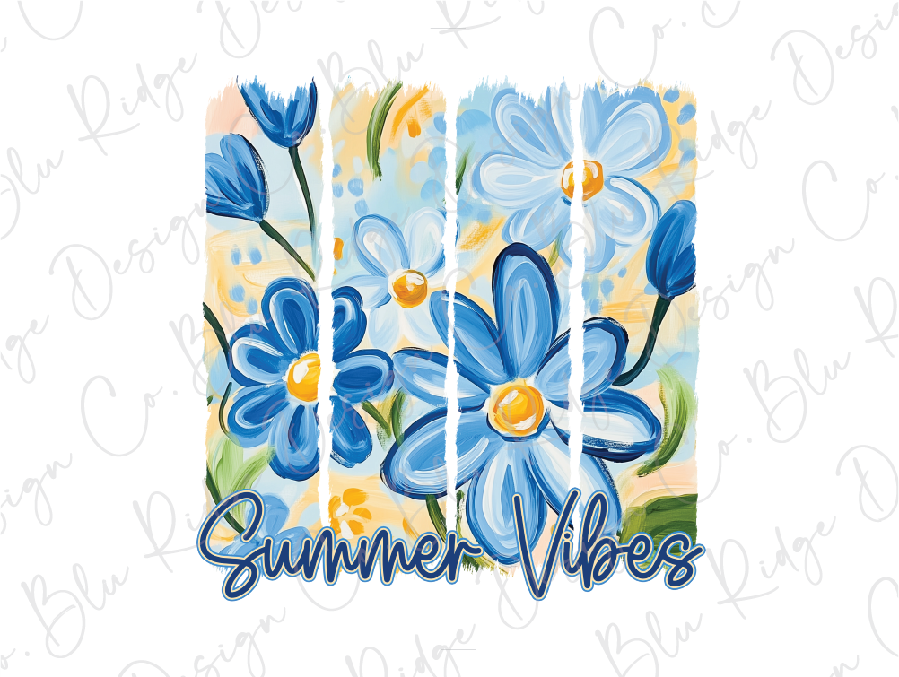 a painting of blue flowers with the words summer vibes