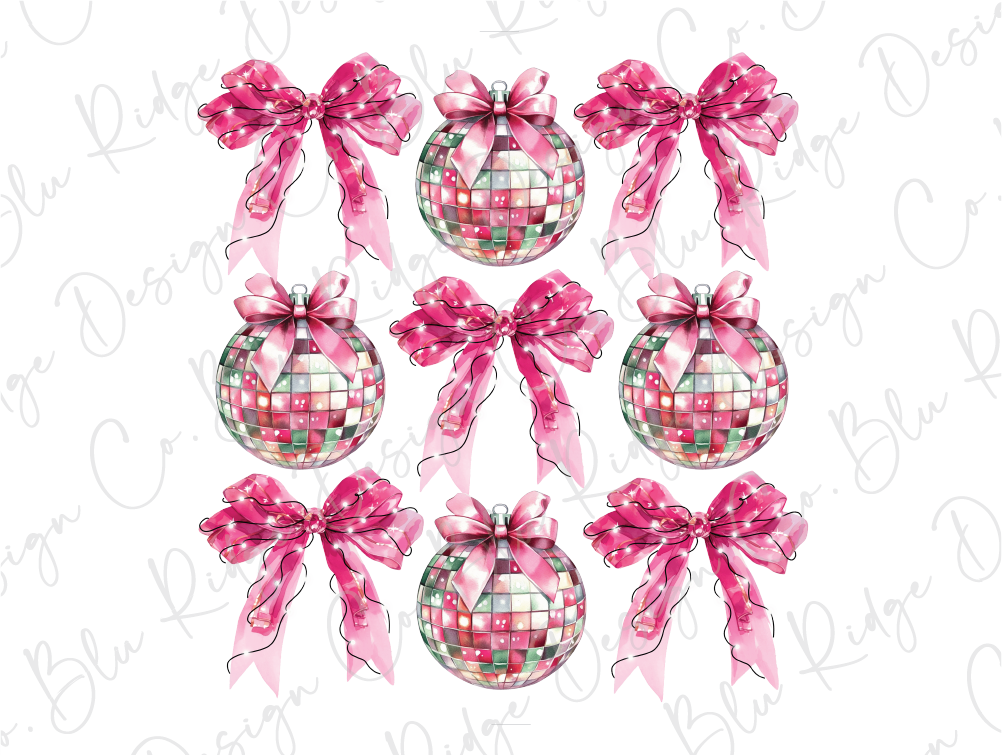 a set of four christmas ornaments with pink bows