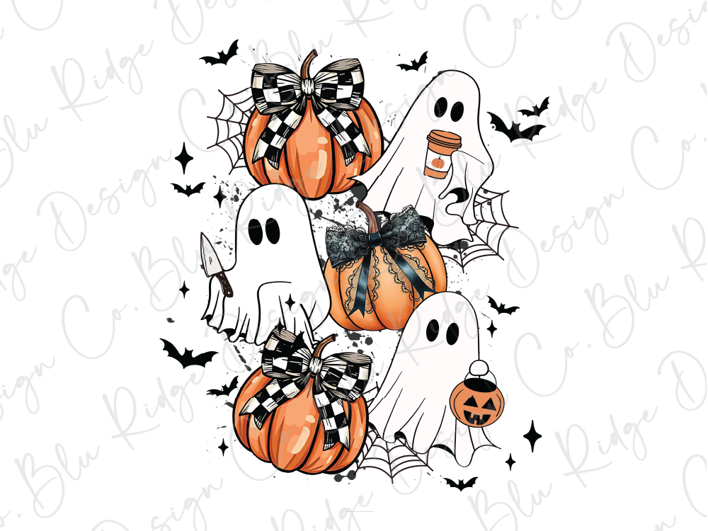 A Halloween-themed illustration featuring a group of ghostly figures, pumpkins, and bats against a white background.