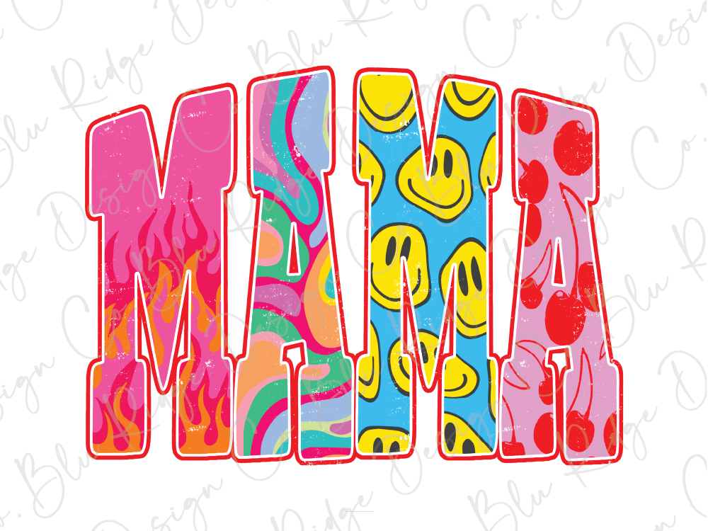 a colorful and vibrant design with the word "MAMA" prominently displayed. The letters are arranged in a way that showcases the unique and creative patterns and colors used to form the word.