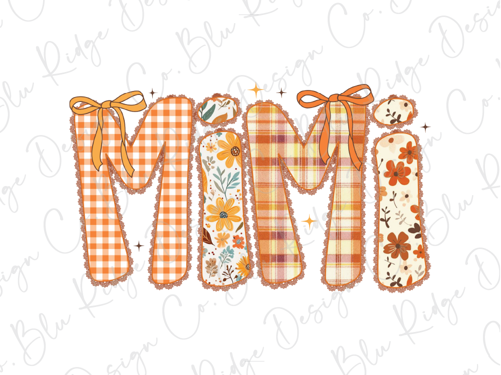 the word "Mimi" made up of various fabric pieces in different colors and patterns, with bows and flowers adorning the letters.