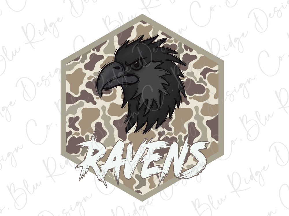 a stylized black bird head with a camouflage pattern, accompanied by the word "RAVENS" written below it.