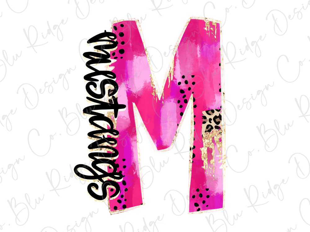 A stylized pink letter "M" with black spots and cursive text on the side.