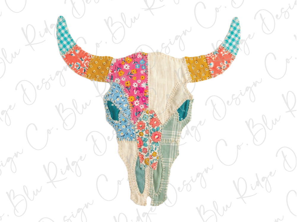 A colorful patchwork design of a cow's head, featuring various fabrics and patterns in shades of blue, orange, green, and white.