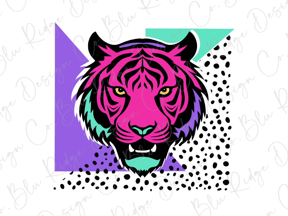 A stylized illustration of a tiger's head in a vibrant, colorful design with geometric shapes and polka dots.
