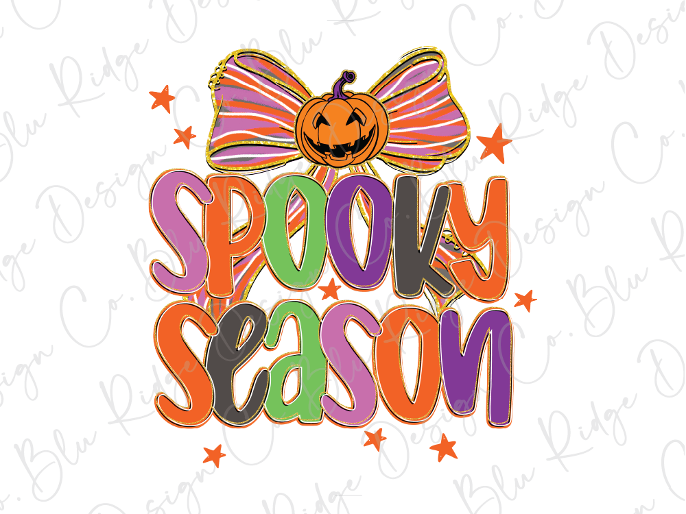 a Halloween-themed design with a pumpkin and a bow. The text "SPOOKY SEASON" is prominently displayed in a colorful, stylized font.