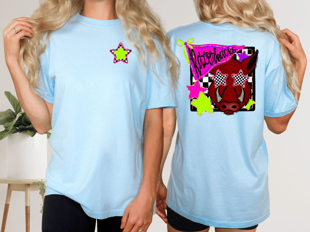 two different views of a woman wearing a light blue t-shirt with a graphic design on the back.