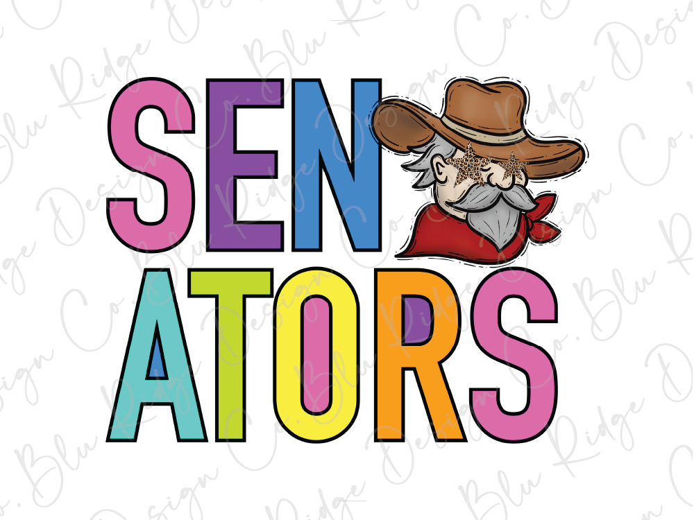 a colorful and playful depiction of the word "SENators" with a cartoon cowboy character wearing a hat and scarf.