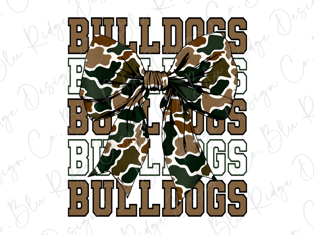 A large camouflage bow with the word "BULLDOGS" written in a bold, brown font.