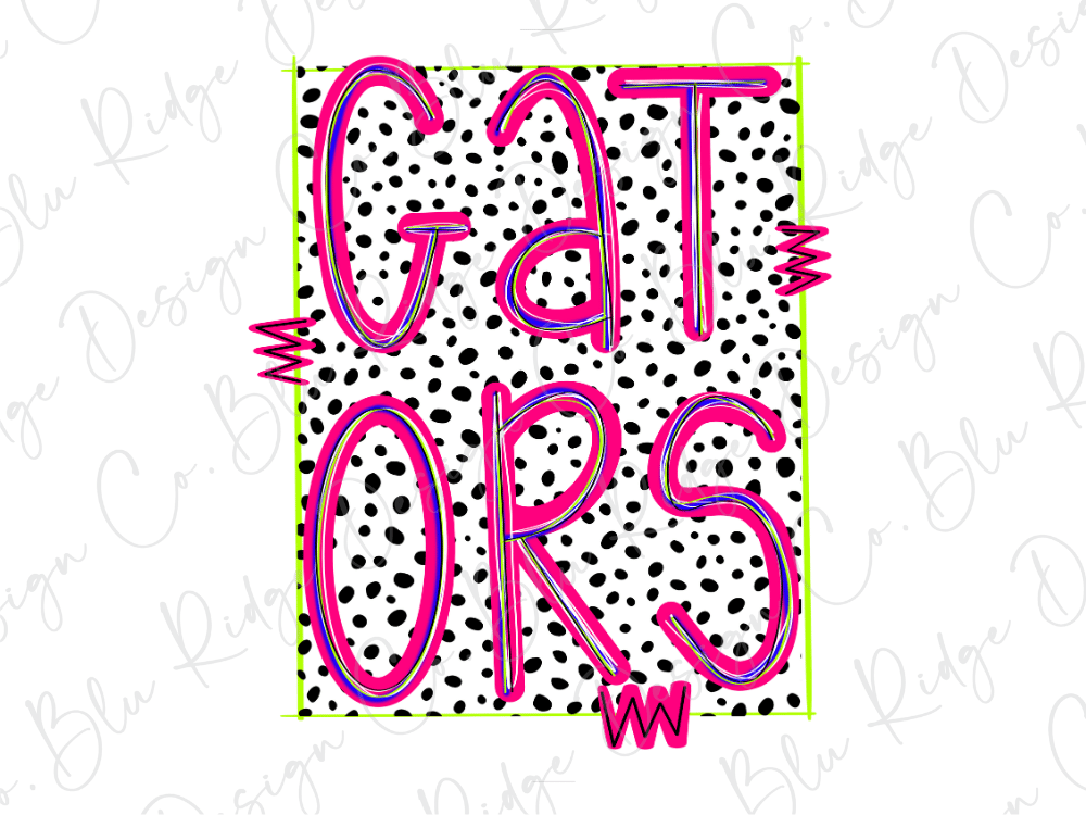 the text "GATORS" in a bold, pink font against a background of black and white polka dots.
