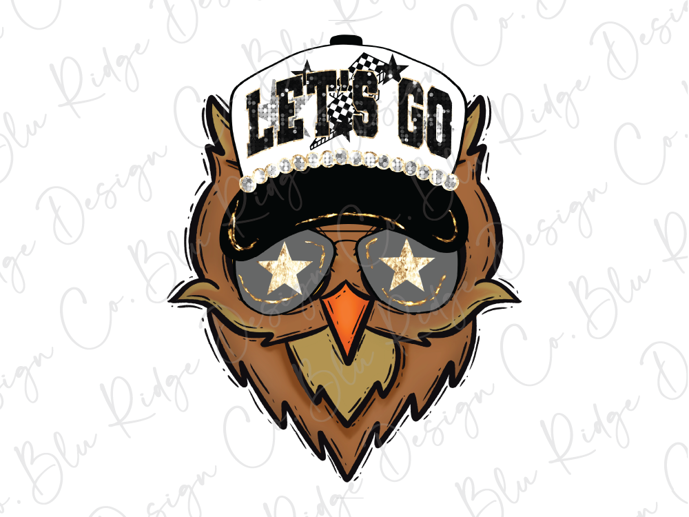 A stylized illustration of an owl wearing a hat with the text "LET'S GO" and sunglasses with stars.