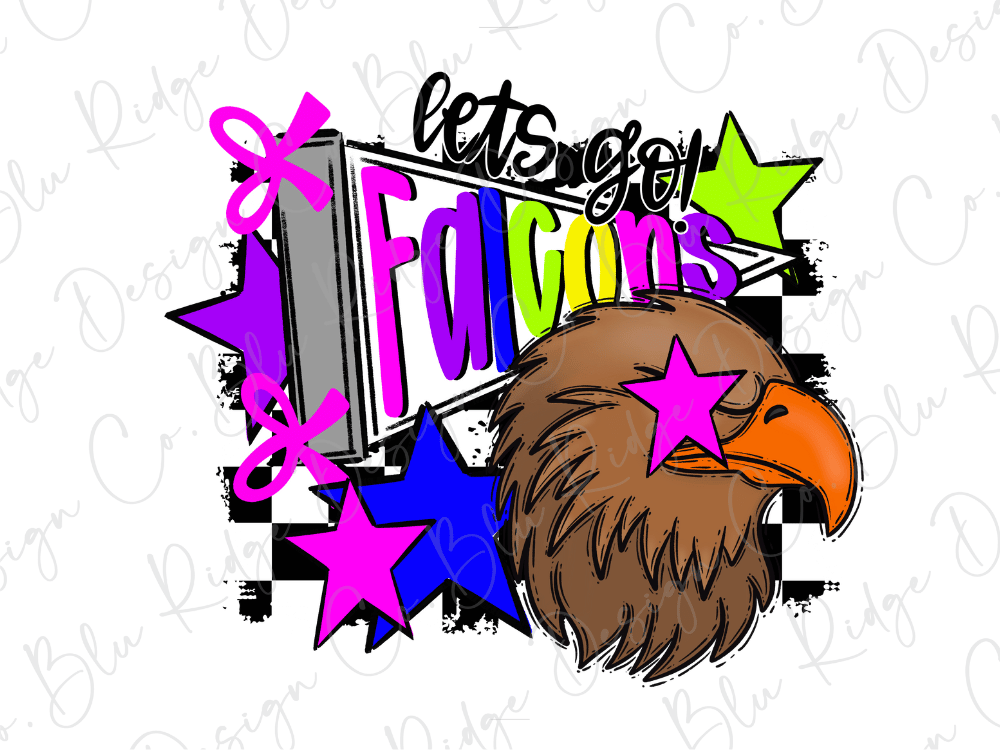 A colorful and stylized graphic design featuring a stylized eagle head surrounded by various shapes, including stars and text.