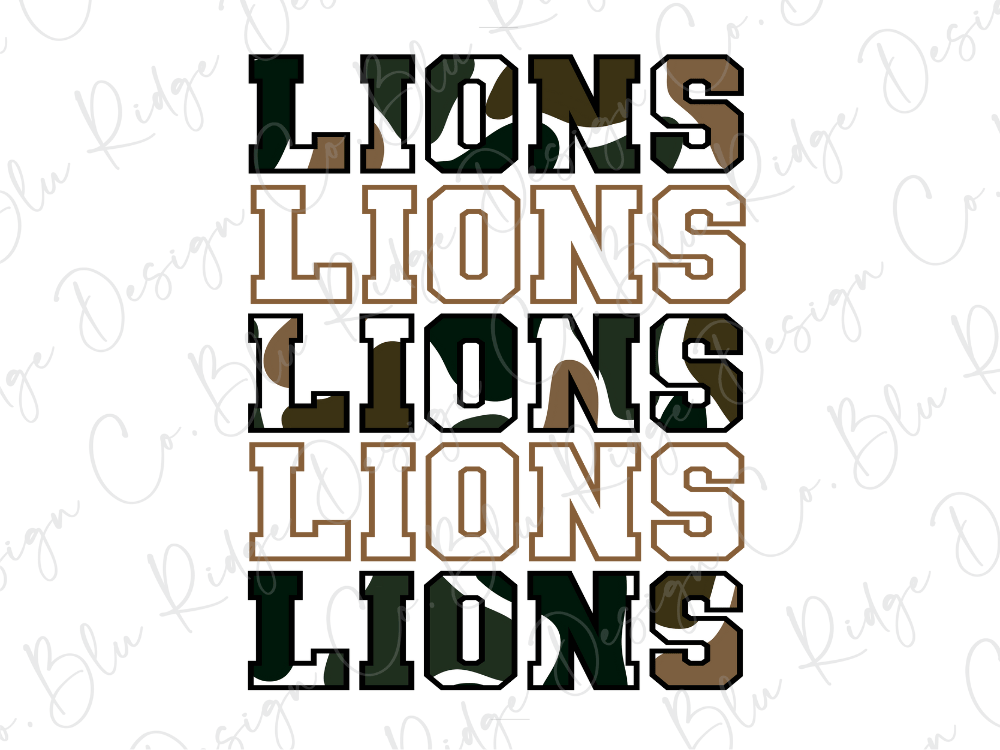 the text "LIONS" in a camouflage pattern, with the word "LIONS" repeated multiple times in a vertical arrangement.