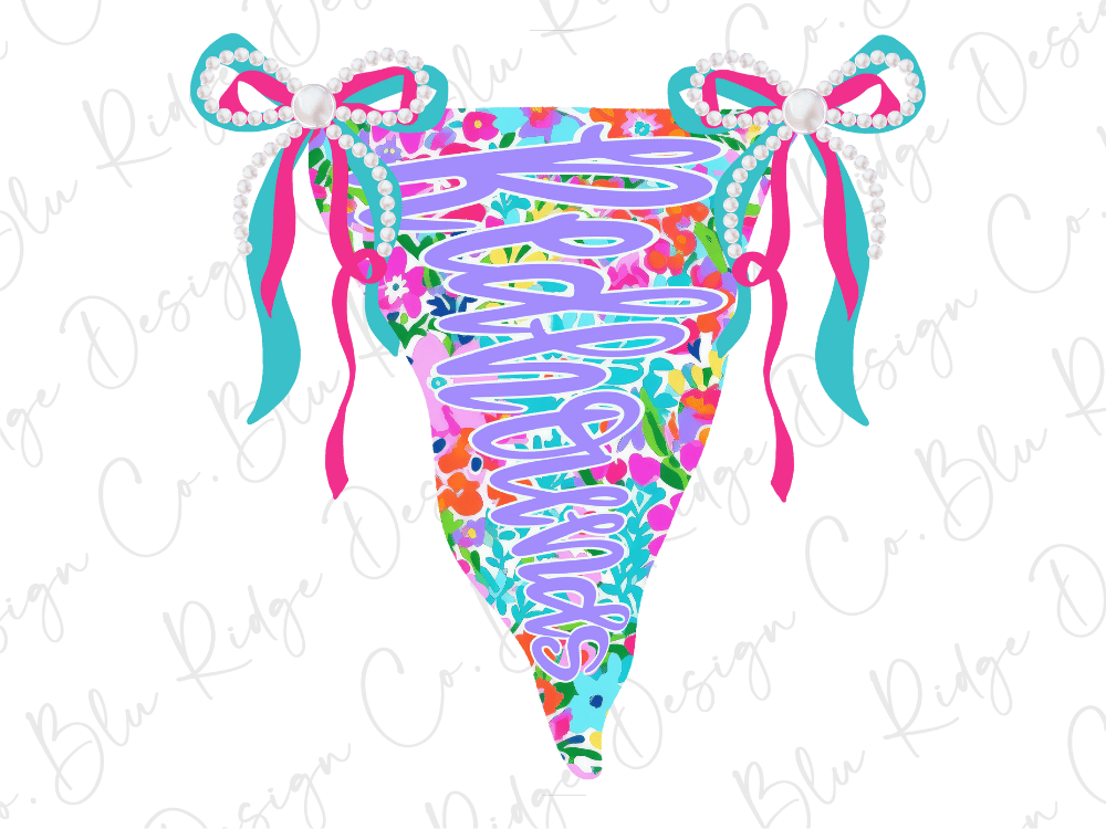 A colorful, floral-patterned banner with bows and the word "Lucky" written on it.