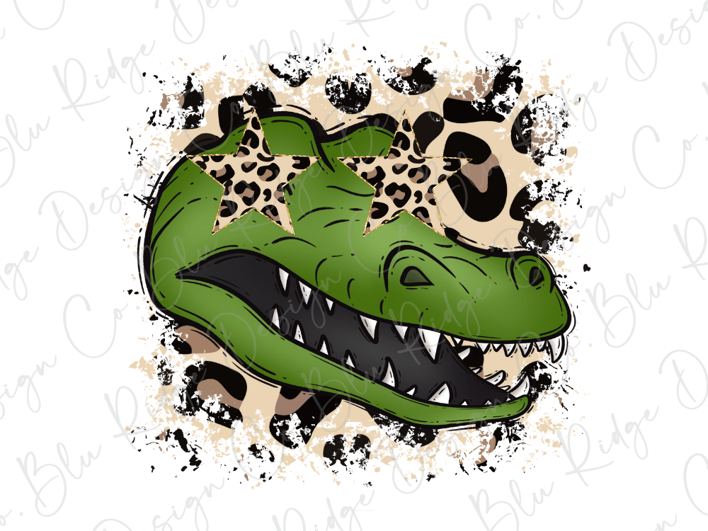 A stylized illustration of a green dinosaur head with leopard print accents, featuring two star-shaped eyes and a prominent open mouth.