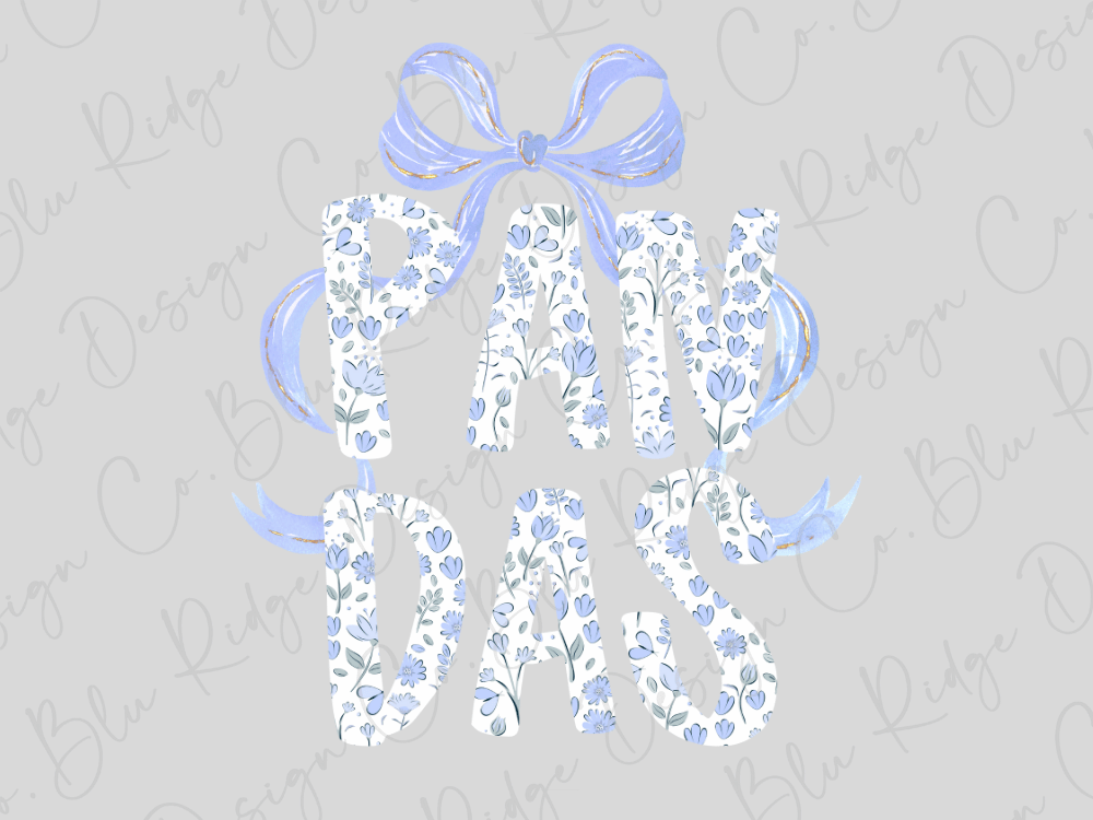 the word "PANDAS" written in a decorative, floral-patterned font, with a blue ribbon bow above it.