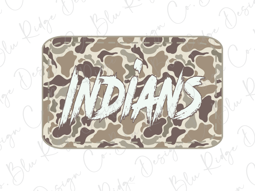 A camouflage-patterned sticker or decal with the word "INDIANS" written in a stylized, graffiti-like font.