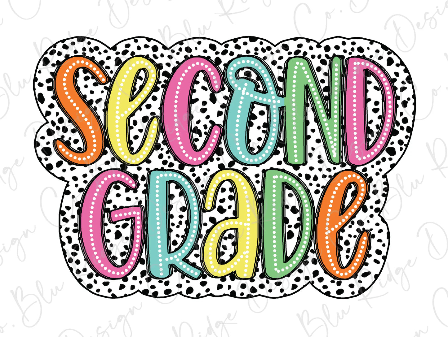 the word second grade is surrounded by polka dots