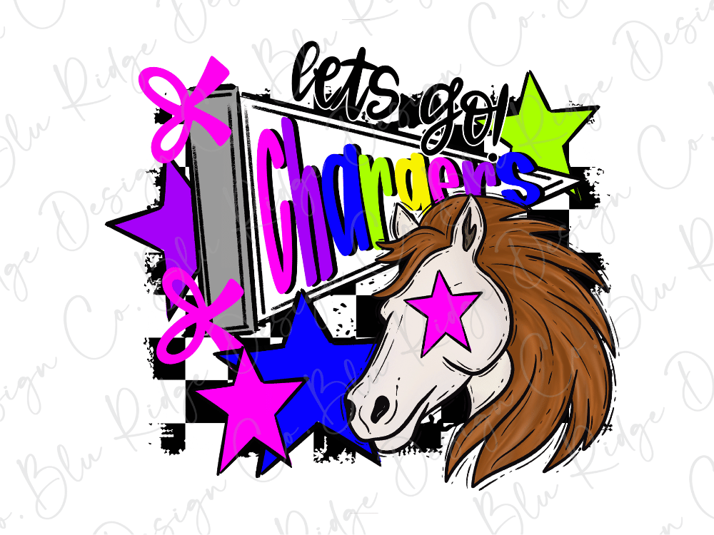 A colorful and stylized illustration featuring a stylized horse head surrounded by various shapes, including stars and text.