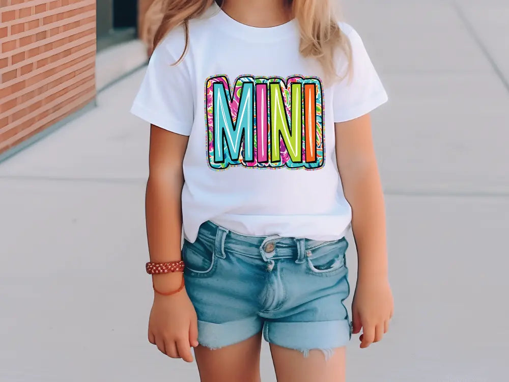 a little girl wearing a white shirt with the word mini on it