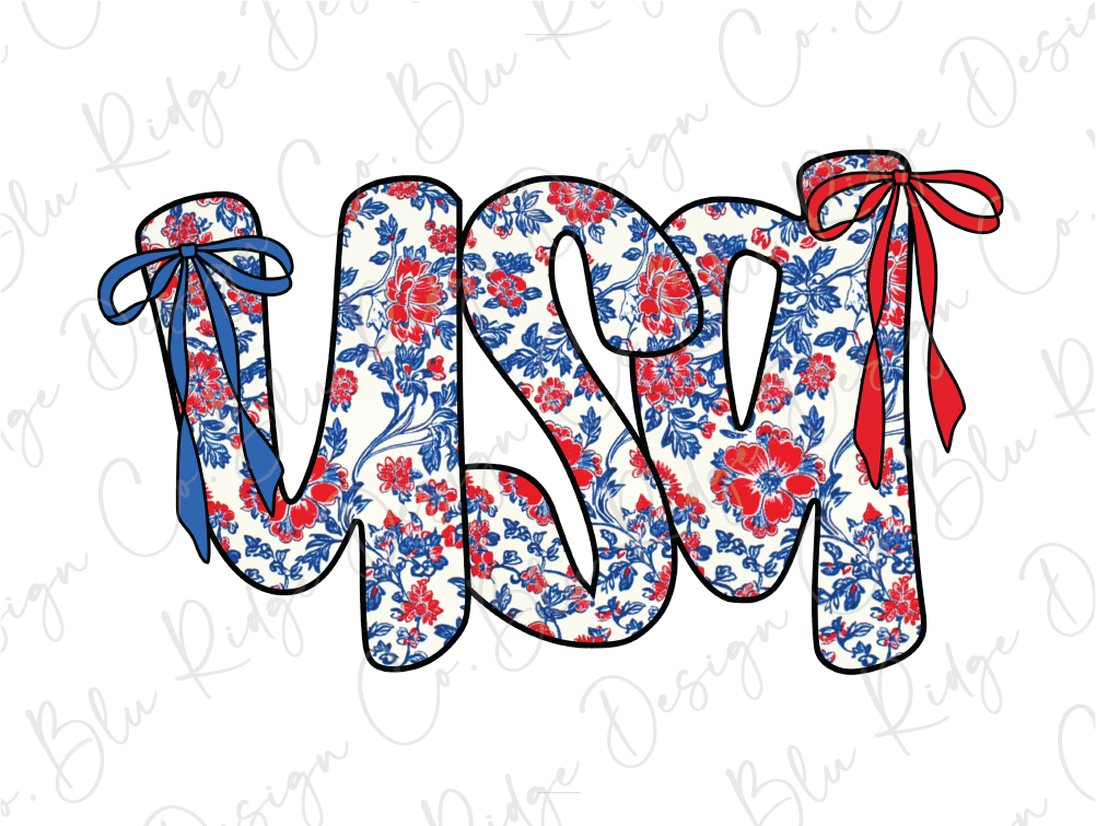 a red, white and blue flowered monogrammed word