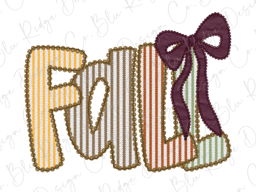 a colorful and decorative representation of the word "FALL" with a bow on the right side.
