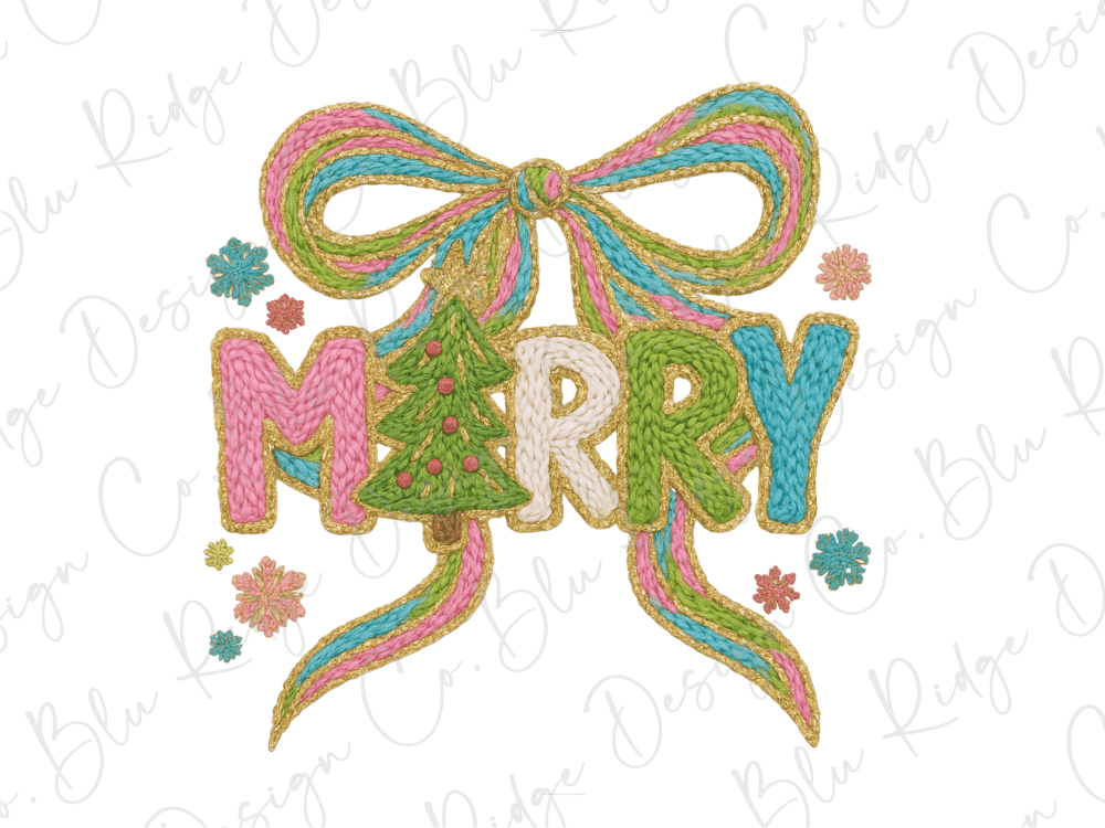 a colorful, hand-crafted Christmas-themed design with the word "Merry" prominently displayed. The design includes a large, decorative bow made of yarn, a green Christmas tree, and various other colorful elements that create a festive and cheerful atmosphere.