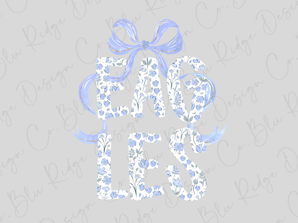 the word "EAGLES" in a stylized, floral design with a blue ribbon.