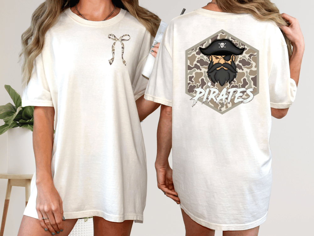 two different views of a white t-shirt with a graphic design on the back. The design features a pirate's face with a bow tie and the word "PIRATES" written below it.