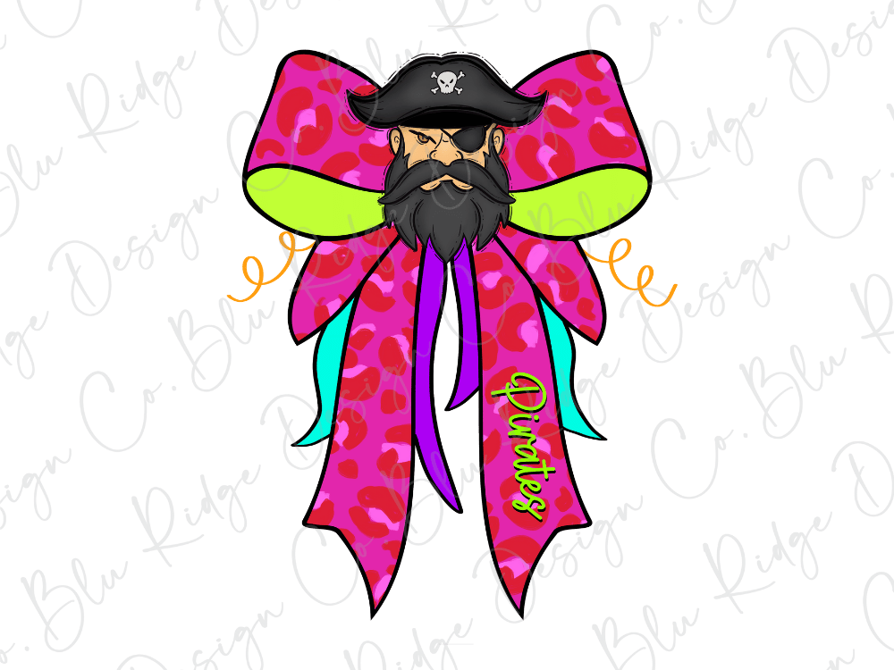 A pirate with a black hat and beard is wearing a large pink and green bow with the word "Pinty" written on it.